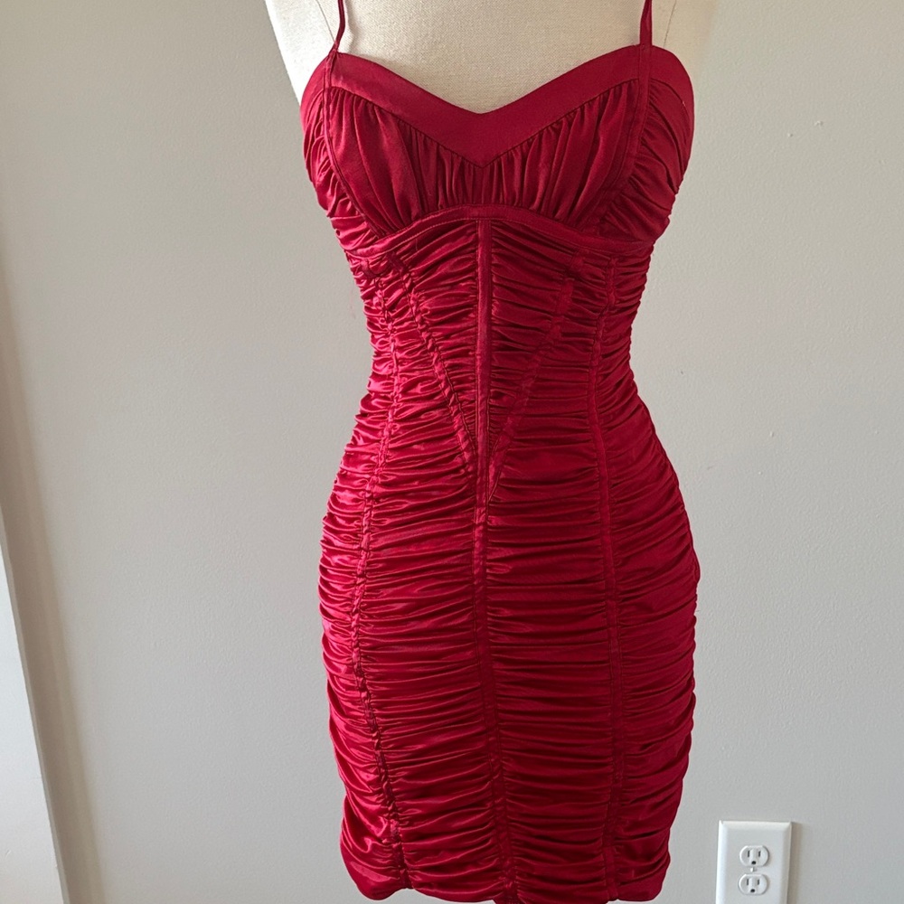 bebe Red Ruched Spaghetti-Strap Mini Dress - Picture 6 of 13
